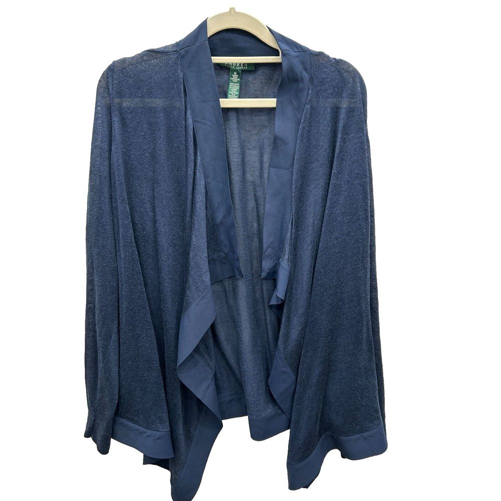 Lauren Ralph Lauren‎ Womens Navy Blue Open Front Draped Cardigan Linen Blend XL